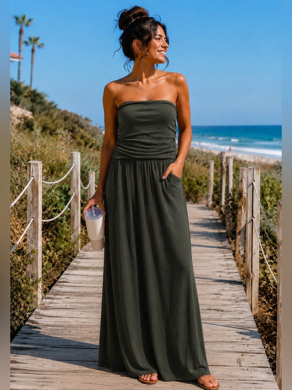 Zenana Olive Green Strapless Jersey Maxi Dress Pockets Coastal Glam Boho SZ M